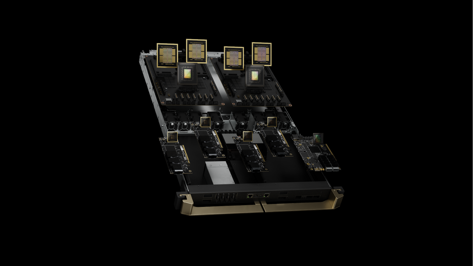 A photo of a single NVIDIA GB200 compute tray, featuring two Arm64 Grace CPUs and four Blackwell GPUs