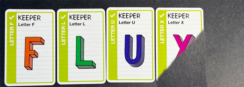 Word Fluxx - Keepers F, L, U, X (cut in half)