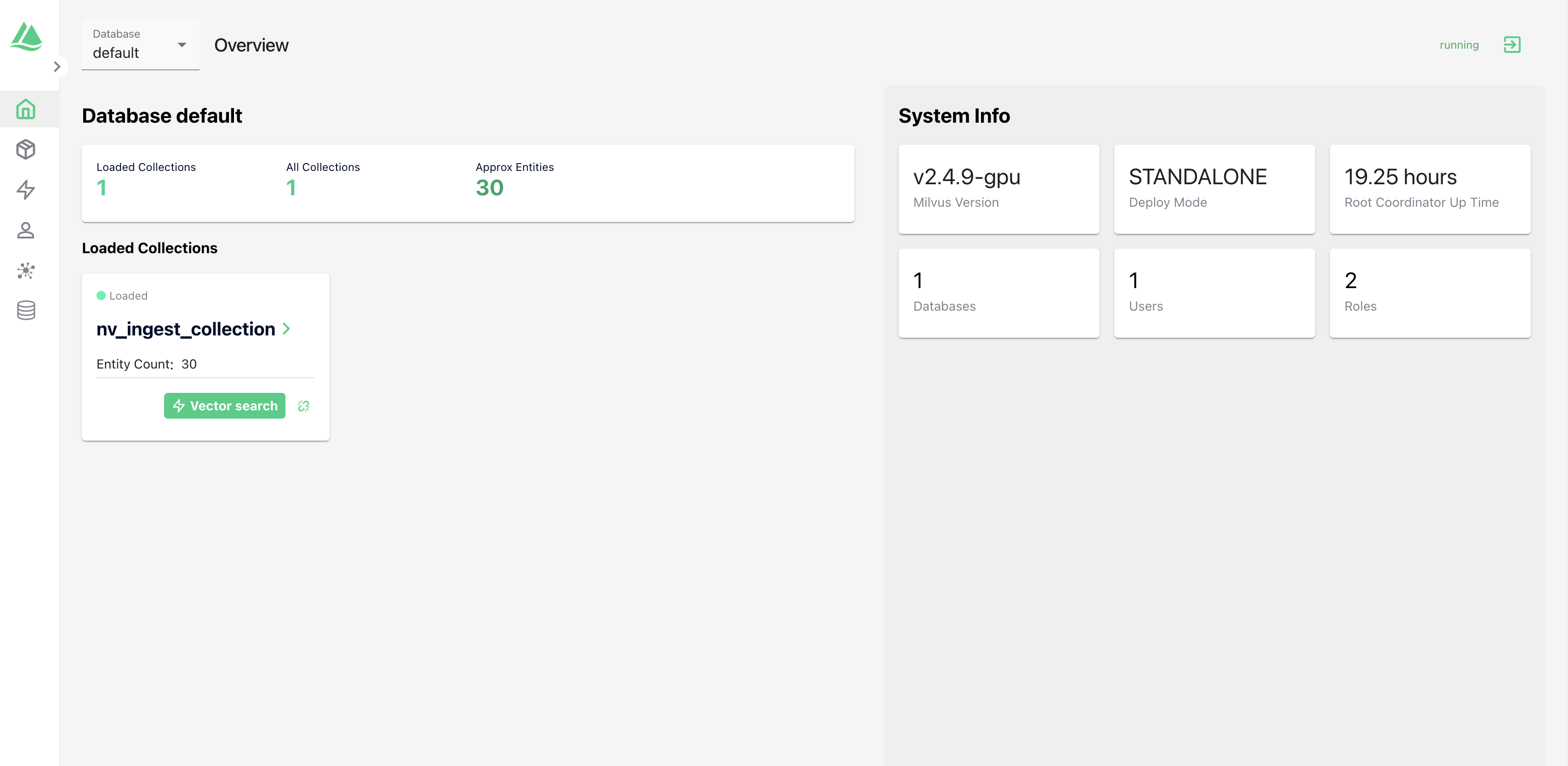 A screenshot of an Attu dashboard showing the created Milvus collection.