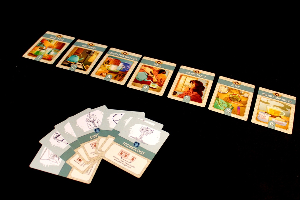A layout of illustrated cards showing the steps for making tea, including 'Collect Tea,' 'Boil Water,' 'Select Favorite Mug,' 'Pour,' 'Steep,' 'Add Milk and Sugar,' and 'Sip and Enjoy.' In the foreground, there are additional cards labeled 'Technology' and 'Exist.'