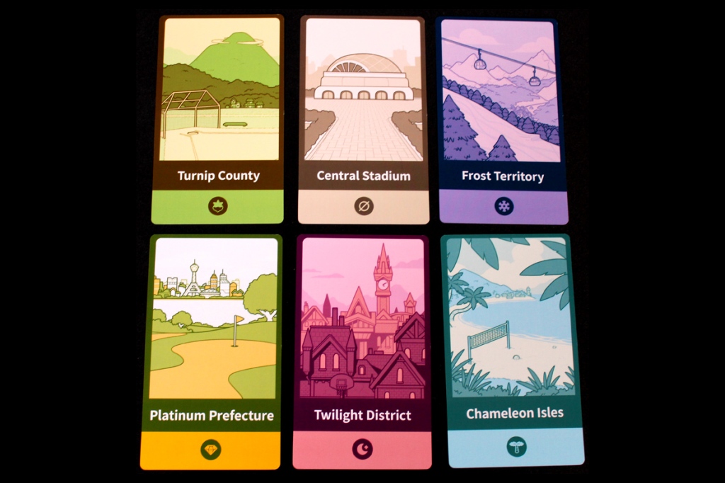 A collection of six illustrated region cards for the card game Tournament Arc, featuring Turnip County, Central Stadium, Frost Territory, Platinum Prefecture, Twilight District, and Chameleon Isles.