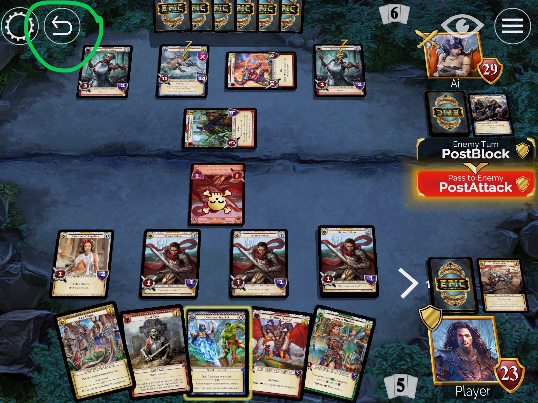 Undo button in Epic Card Game Digital strategy card game