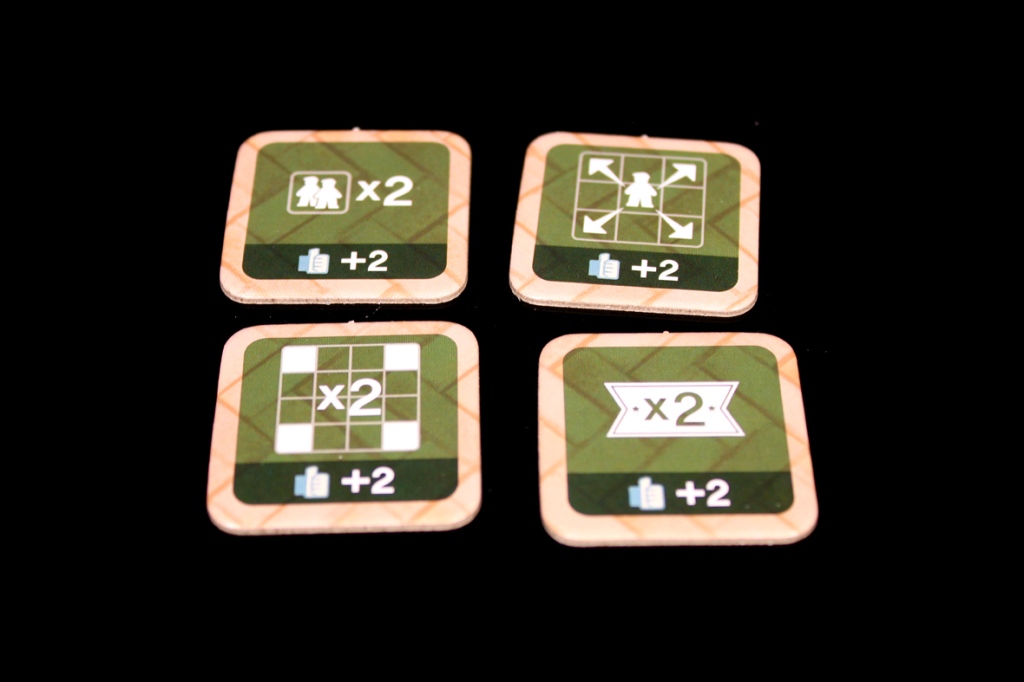 Four upgrade tiles for the board game Coffee Rush, featuring icons for different player abilities and effects.