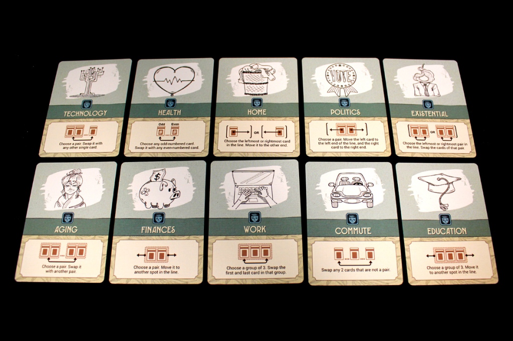 A layout of various game cards displaying categories like Technology, Health, Home, Politics, and Existential, along with specific instructions on card actions.